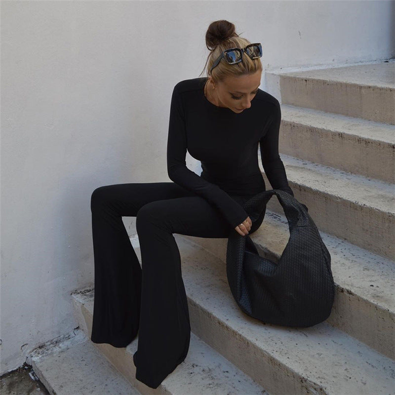 New Long-sleeved Backless Slim Straight Wide Leg Micro Lah Jumpsuit Female