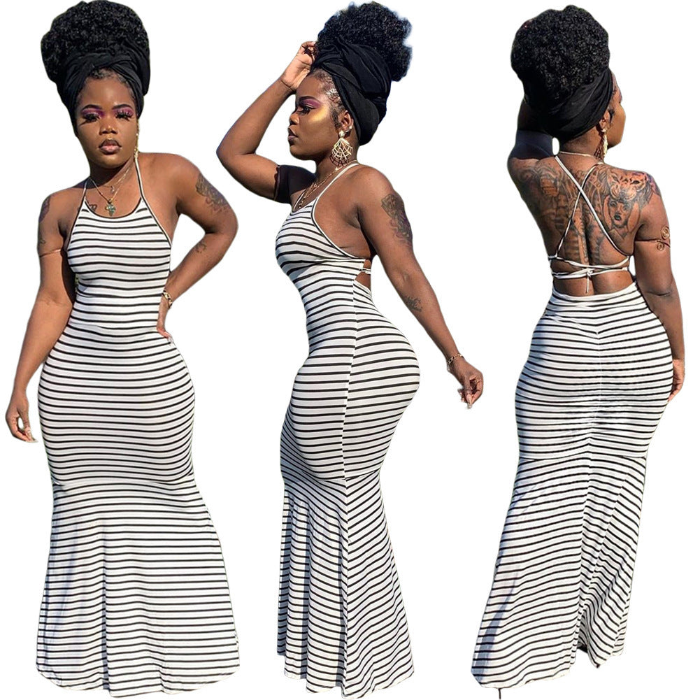 Womens Backless Strapping Sun Stripe Slip Casual Dress