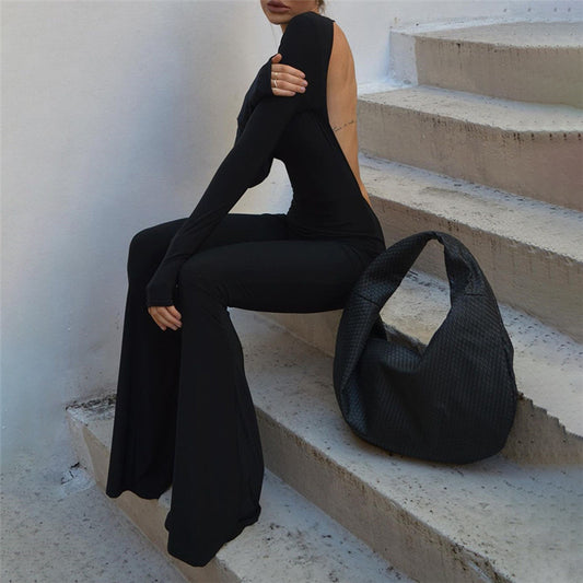 New Long-sleeved Backless Slim Straight Wide Leg Micro Lah Jumpsuit Female